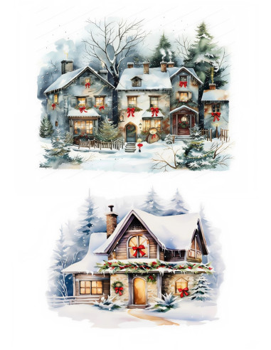 Papel de Arroz Casitas Nevadas de Cuento Acuarela