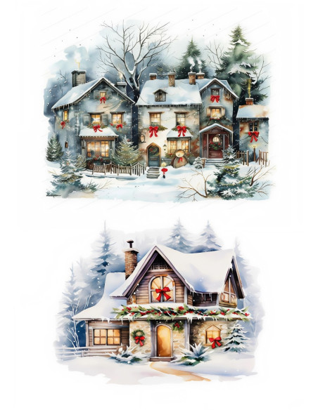 Papel de Arroz Casitas Nevadas de Cuento Acuarela